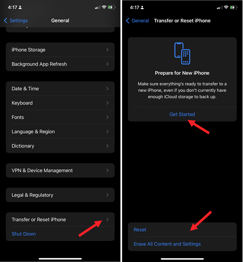 Transfer or reset Transfer or reset